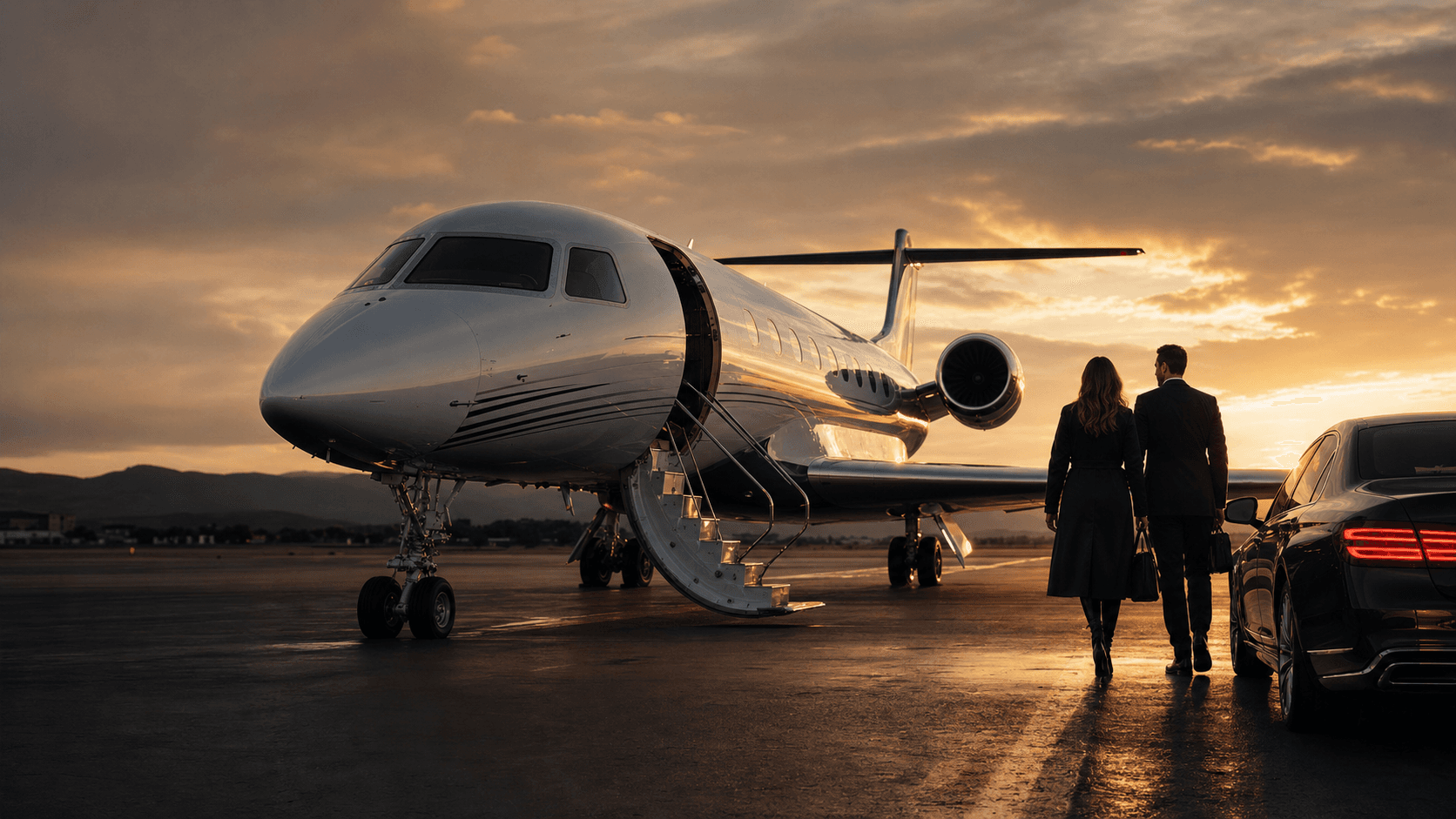 Private aircraft prepared on an airport ramp at sunset